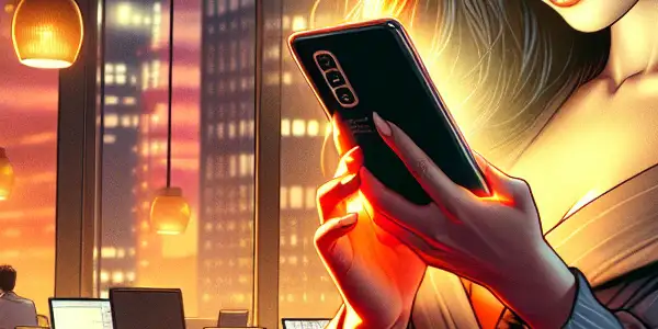 A young woman watches a smartphone in a stylish office, surrounded by subtle Japanese cultural elements.