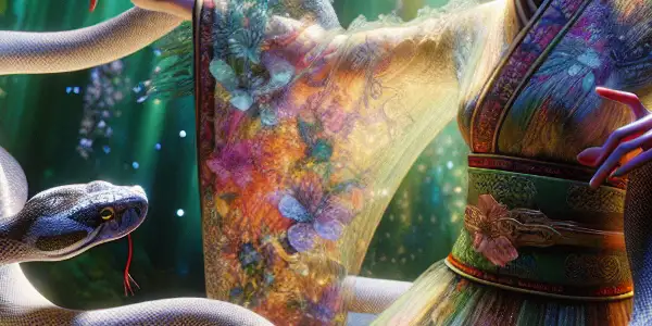 A surreal scene featuring a stylized female figure performing snake-like hand gestures in a vibrant, mystical environment.