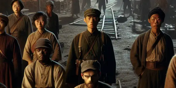 A tense scene of Chinese villagers strategizing with makeshift weapons in a dimly lit wartime village.