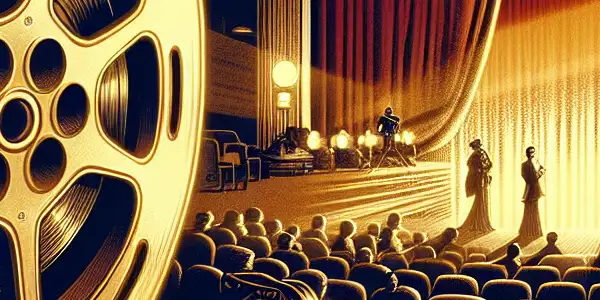 A vintage Japanese film set featuring classic adult cinema elements, with silhouettes of actors and a retro film projector.