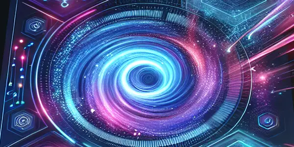 A high-tech device displaying vibrant digital content with elements symbolizing speed, efficiency, and privacy.