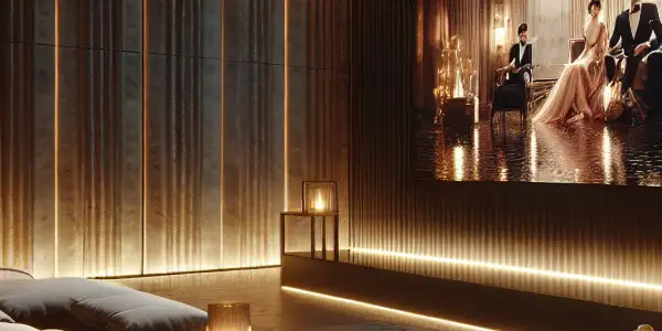 An upscale viewing room featuring a high-definition screen displaying a passionate Japanese AV film scene.