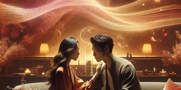 A softly lit room with a couple in an intimate pose, evoking romance and connection.