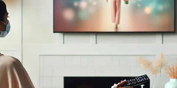 A person preparing to watch adult films in a clean, cozy living room, emphasizing hygiene and comfort.