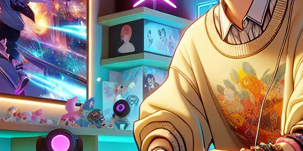 A young adult enthusiastically plays a video game in a vibrant, anime-inspired gaming room filled with colorful decor.