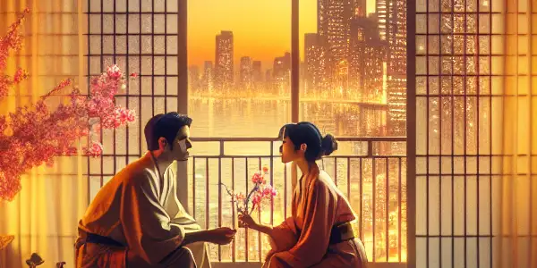 A romantic couple in a cozy apartment, blending everyday life with hints of Japanese aesthetics and a seaside view.