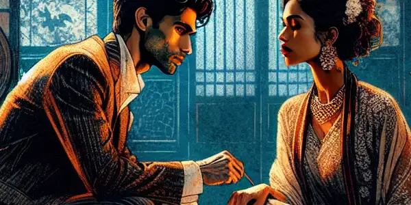 A dimly lit room featuring two characters in stylish attire, expressing deep emotional connection amidst traditional Japanese aesthetics.