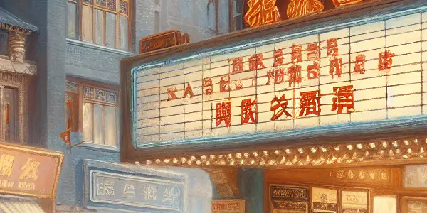 A bustling 1930s Beijing street featuring a vintage movie theater and diverse characters exploring hidden emotions.