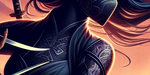 A powerful female ninja in a black outfit stands in a serene Japanese garden at dusk, wielding kunai knives.