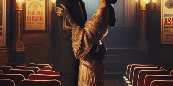 A passionate couple embraces in a vintage cinema, surrounded by iconic adult film posters and warm, inviting lighting.