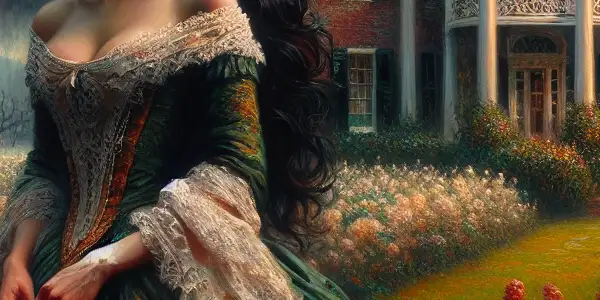 A determined woman in a vintage gown stands before a grand Southern plantation, amidst the turmoil of the Civil War.