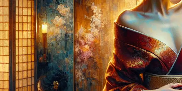 A romantic scene featuring Lady Katie in a luxurious Japanese room, dressed in an elegant kimono, exuding allure and intimacy.