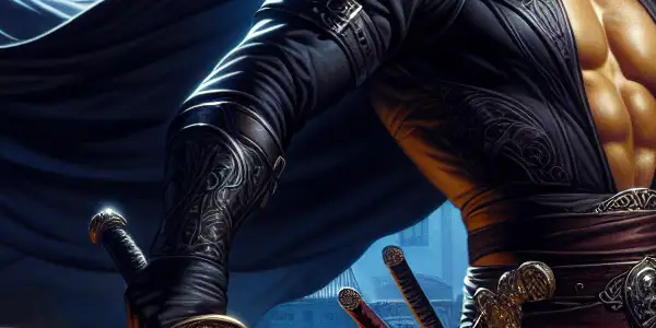 A charismatic Zorro-like hero in a black costume wields a sword in a romantic moonlit Spanish courtyard.