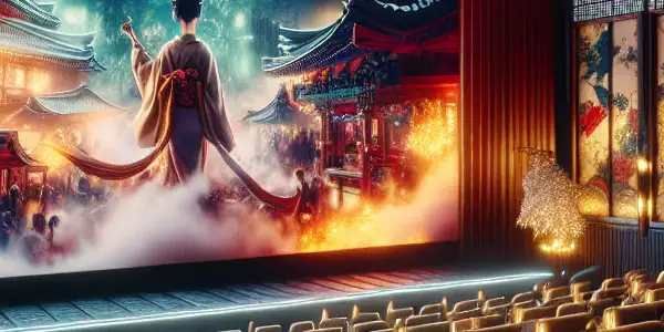 A luxurious cinema setting showcasing a vibrant film still from a fictional Japanese adult film, with plush seating and Asian decor.