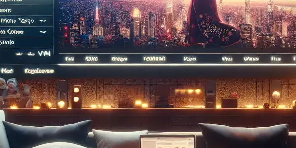 A cozy living room with a large screen showing Japanese AV cinema, snacks, and a laptop displaying film categories.